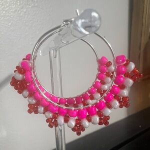 Pink and Red Beaded Hoop Earrings